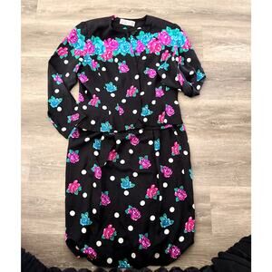 Adrianna Papell  Vintage 100% Silk Two Piece Skirt Jacket Floral Black Size 12